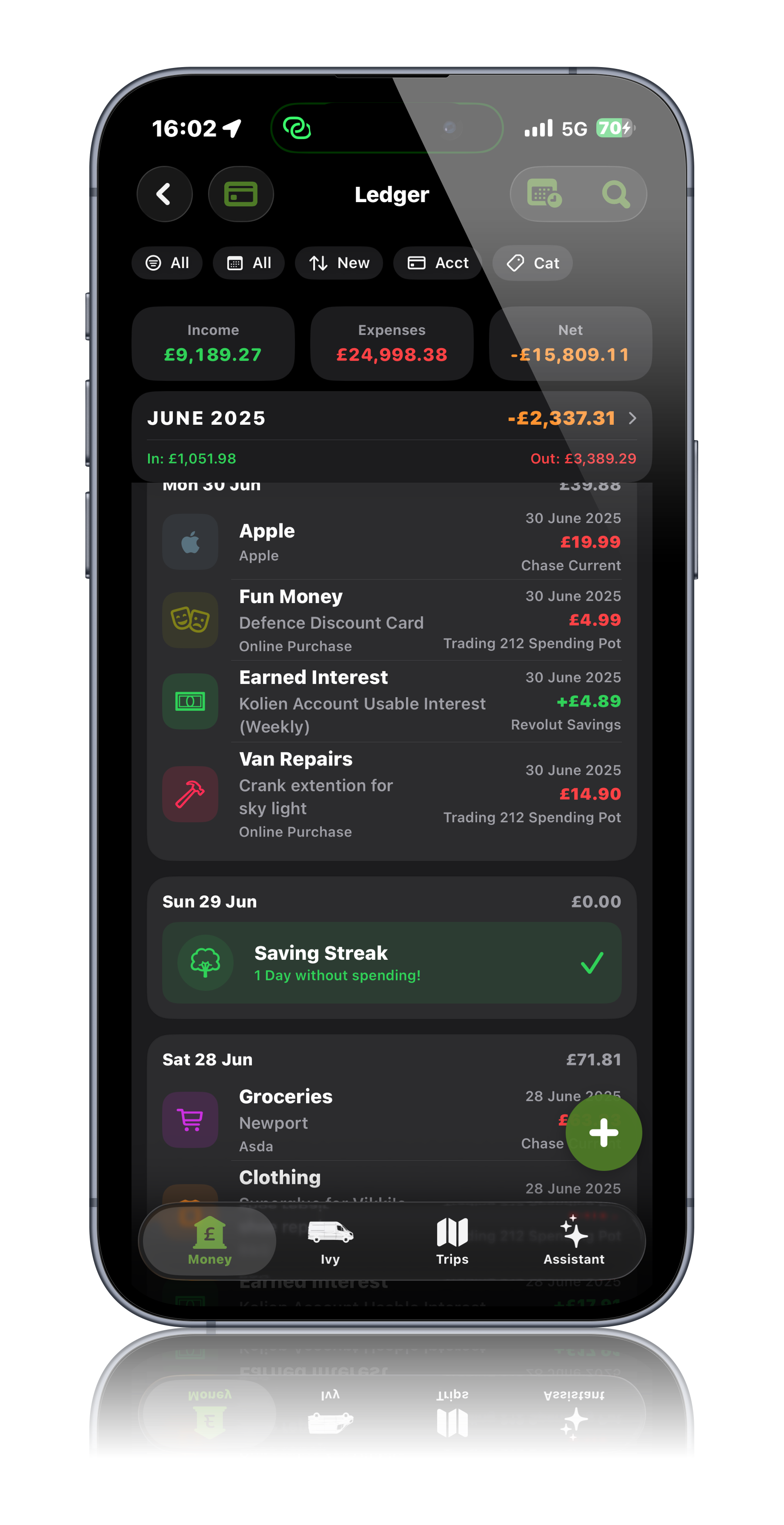 Ledger screen showing transactions