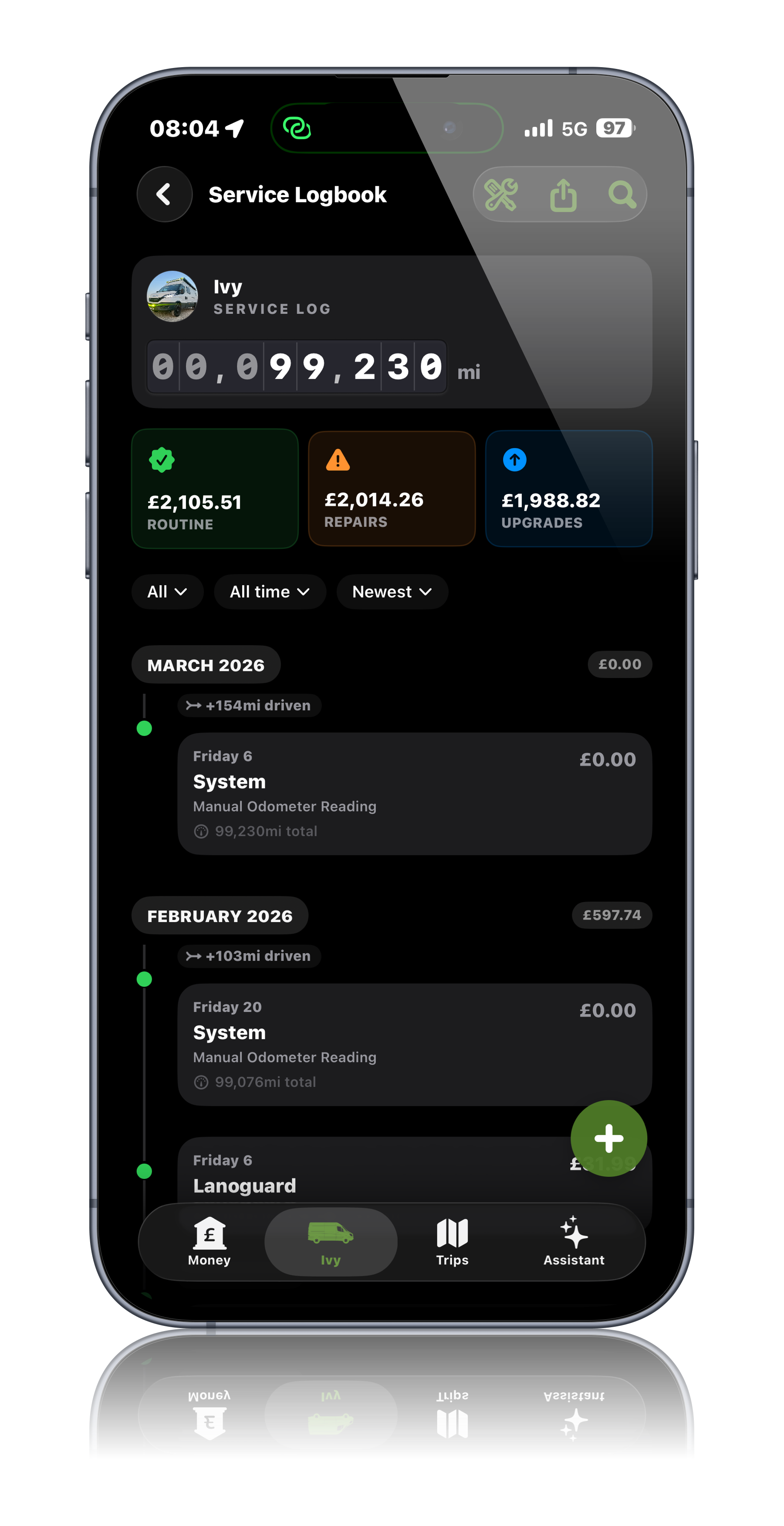 Maintenance schedule screen